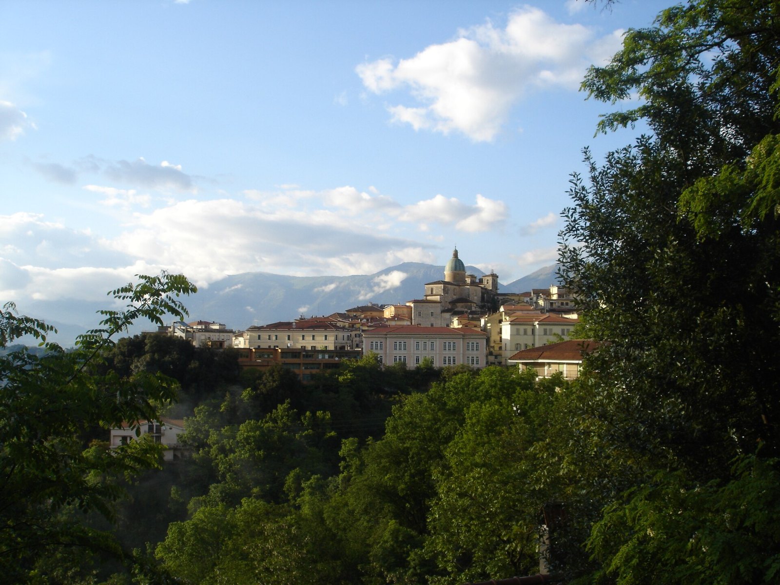 Il borgo di Atina sulla collina, con la cattedrale e il campanile che emergono dagli alberi