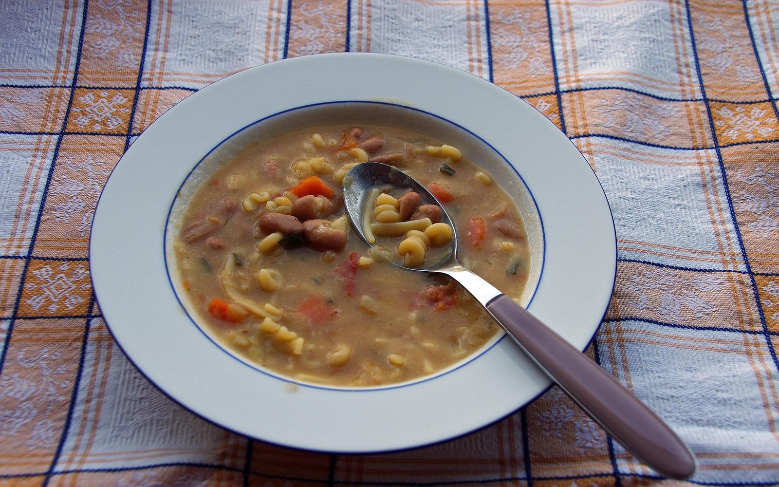 Piatto fondo con pasta e fagioli su una tovaglia a quadri