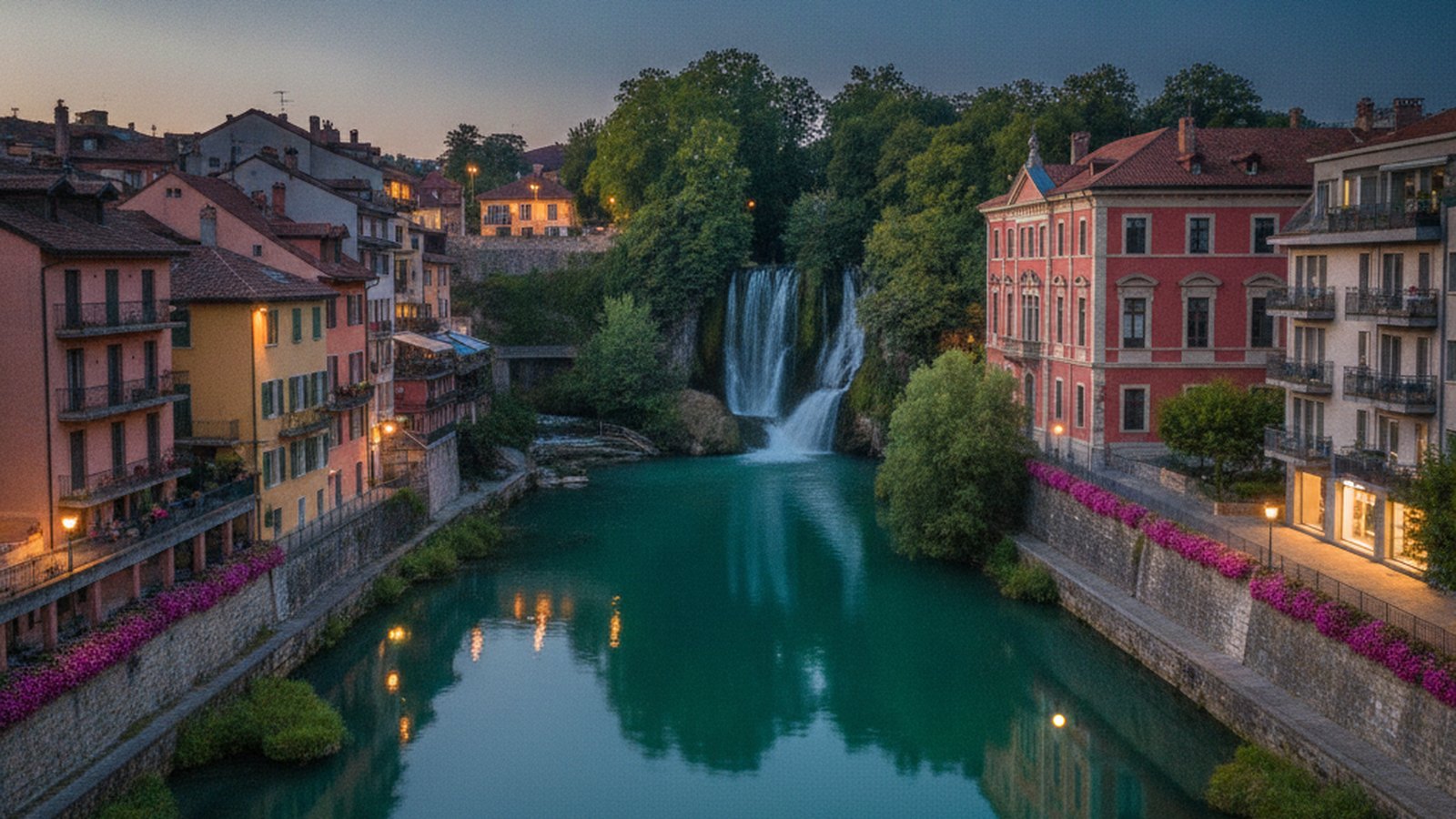 La cascata di Isola del Liri fra gli edifici del centro storico, con il fiume verde in primo piano
